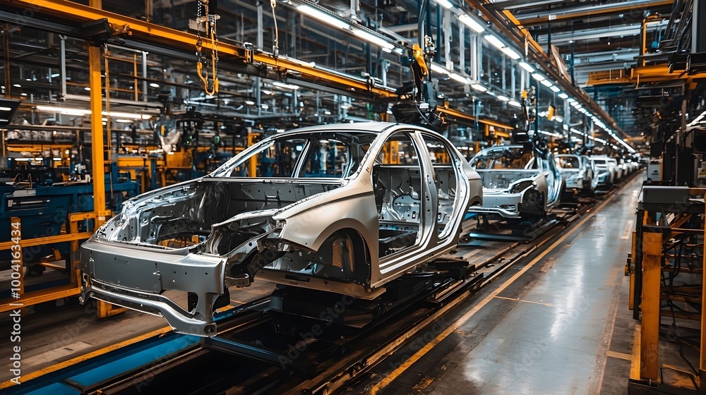 Automotive Assembly Plant Workers Constructing Vehicle Parts on Production Line Automotive Assembly Plant Workers Constructing Vehicle Parts on Production Line