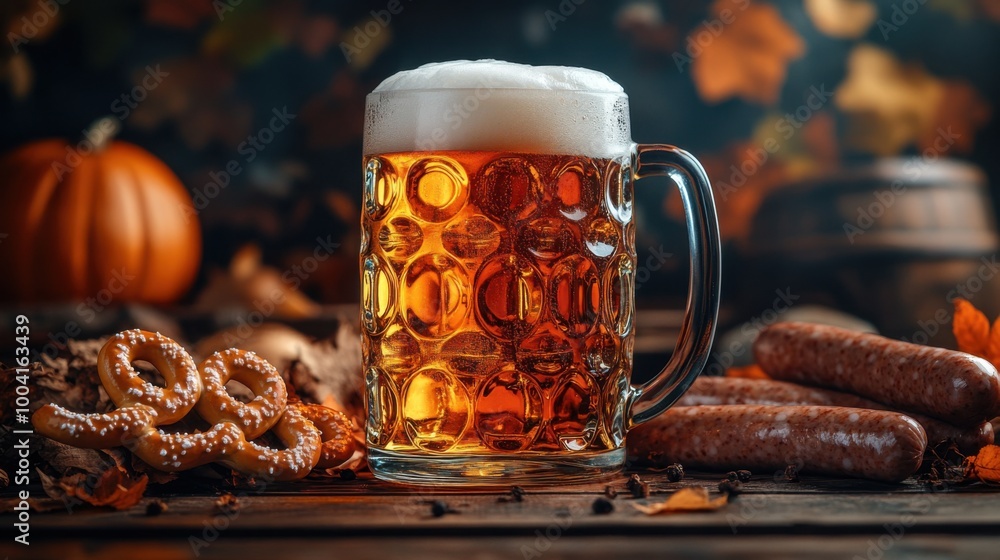 a closeup of a frothy beer in a glass stein placed on a wooden table surrounded by traditional German sausages pretzels mustard and Oktoberfest decorations captured in vibrant colors a closeup of a frothy beer in a glass stein placed on a wooden table surrounded by traditional German sausages pretzels mustard and Oktoberfest decorations captured in vibrant colors