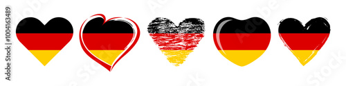Set of creative heart shapes with flag of Germany. Classic and hand drawn art style. Tourism symbol. Welcome to Germany travel agency branding concept. Hearts with flags. Sport or business icons.