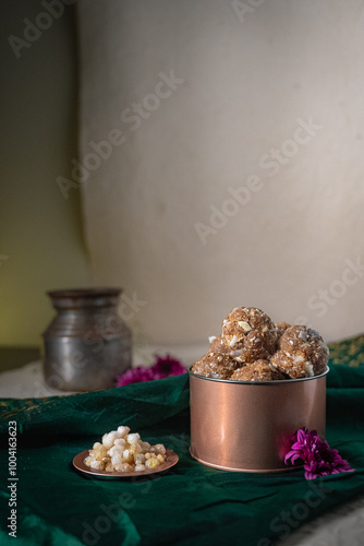 Dink or Dinkache Ladoo (Gond Ladoo)  with dry fruits and dates. photo