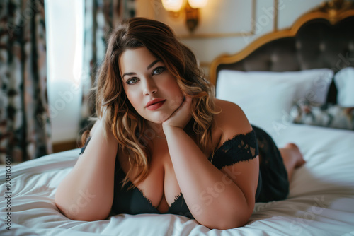 Sexy plus size curvy model with big breasts lies on bed, fat chubby woman in luxury hotel room