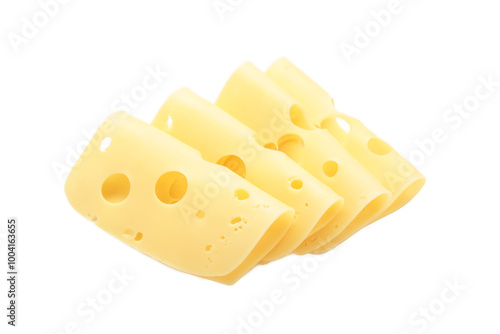 Cheese slices isolated on white background.