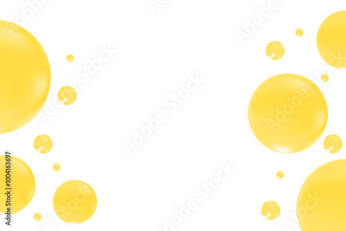 Cute glowing yellow, orange liquid bubbles or fluid jelly droplets isolated on transparent background. Cute honey or orange presentation, beauty serum, cosmetology science, molecular concept