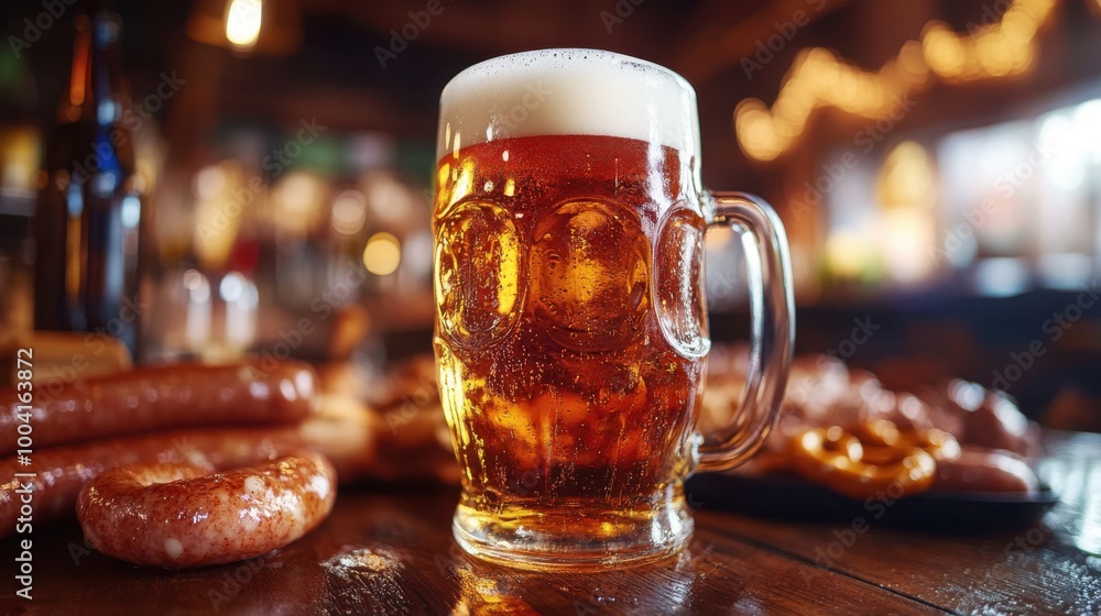 a closeup of a frothy beer in a glass stein placed on a wooden table surrounded by traditional German sausages pretzels mustard and Oktoberfest decorations captured in vibrant colors a closeup of a frothy beer in a glass stein placed on a wooden table surrounded by traditional German sausages pretzels mustard and Oktoberfest decorations captured in vibrant colors