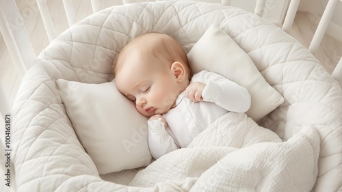 Baby peacefully napping in a cozy bassinet with soft pillows and blankets, Infant sleep, warmth, comfort