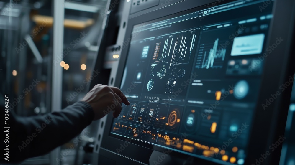 A person interacts with a high-tech control panel displaying various data graphs and metrics in a futuristic environment. A person interacts with a high-tech control panel displaying various data graphs and metrics in a futuristic environment.