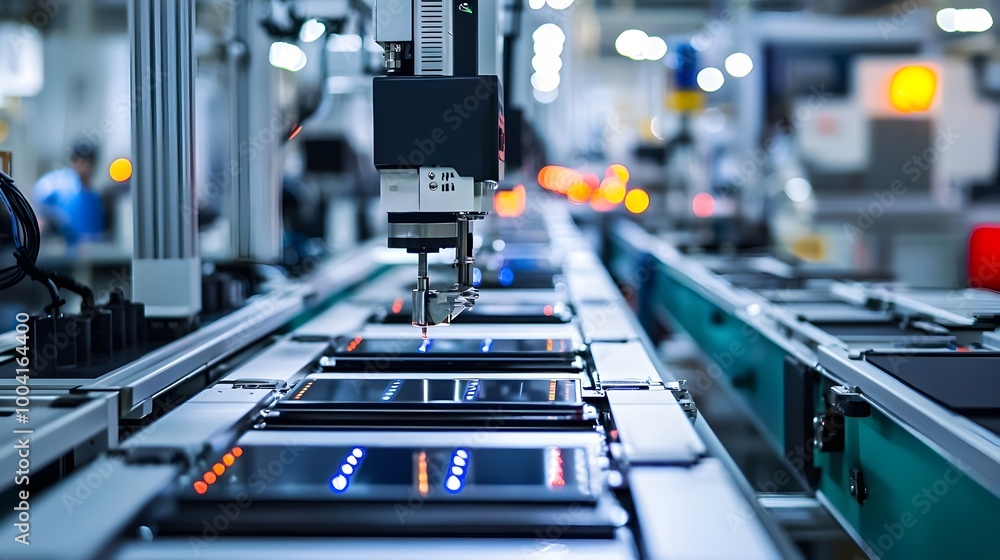 Modern Assembly Line in Electronics Plant Producing Smartphones Modern Assembly Line in Electronics Plant Producing Smartphones