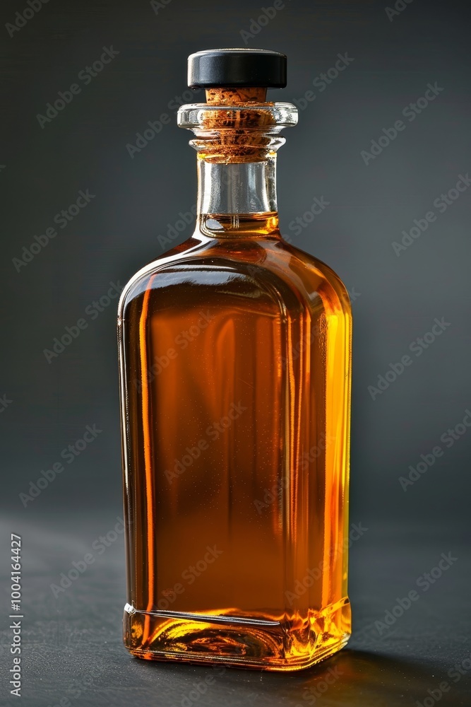 Elegant presentation of half full olive oil bottle against clean white background with ample space Elegant presentation of half full olive oil bottle against clean white background with ample space