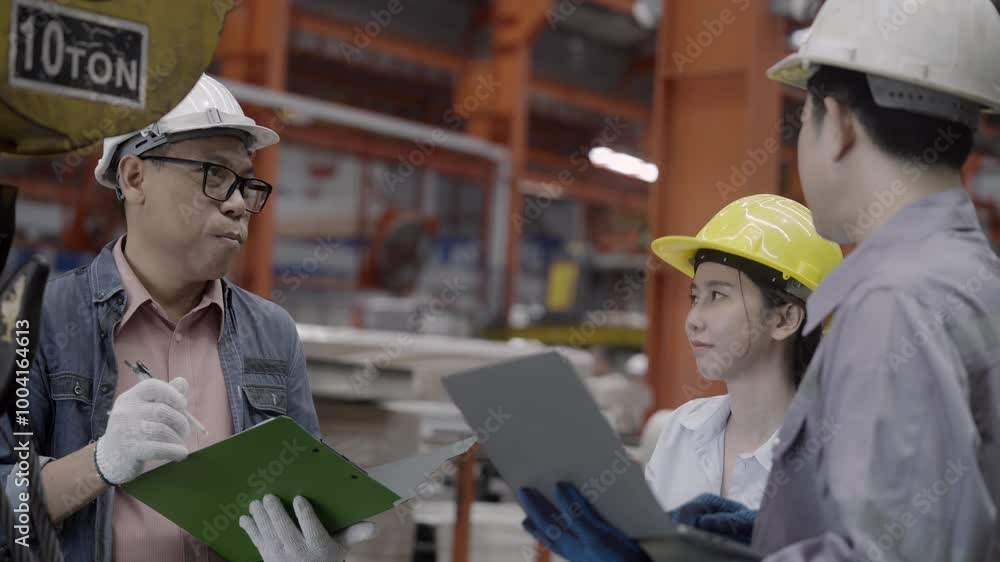 Managers and supervisors in a manufacturing plant talk while holding clipboards, tablets and hard hats and inspect equipment safety in a machinery factory. Managers and supervisors in a manufacturing plant talk while holding clipboards, tablets and hard hats and inspect equipment safety in a machinery factory.