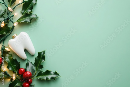 Christmas card. Tooth ornament wrapped in festive lights sits beside holly, symbolizing bright smiles for the holidays