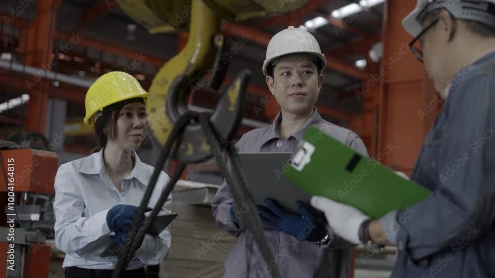 Managers and supervisors in a manufacturing plant talk while holding clipboards, tablets and hard hats and inspect equipment safety in a machinery factory. Managers and supervisors in a manufacturing plant talk while holding clipboards, tablets and hard hats and inspect equipment safety in a machinery factory.
