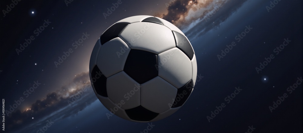 Fototapeta premium Floating soccer ball against starry backdrop Space