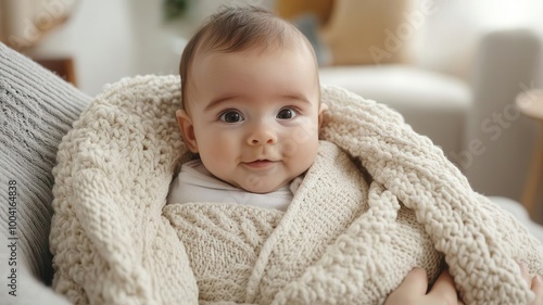 Baby wrapped in a warm blanket, being held by a parent in a cozy living room, Infant comfort, family time, warmth