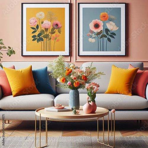 Stylish Sofa Setup with Bold Cushions & Fresh Flowers  Cheerful & Inviting Atmosphere