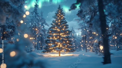 Christmas Tree Decoration with Warm Lights Snowy Background in Forest