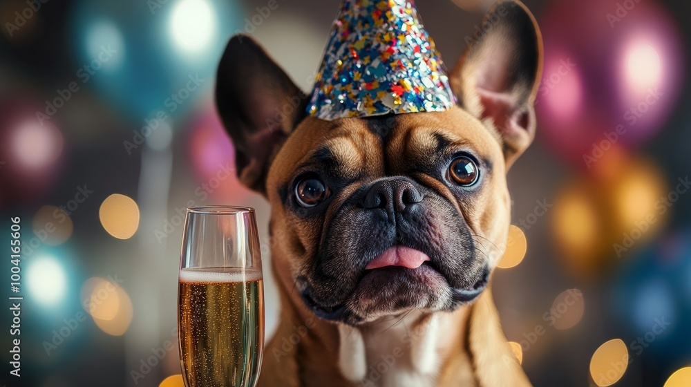New Year's Eve Dog with Champagne Party Hat Against Colorful Bokeh Lights