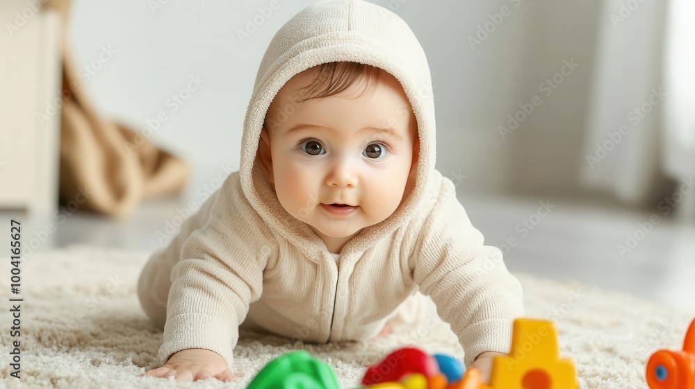 Cozy infant bundled in a warm onesie, exploring toys on a plush rug, Baby play, home comfort, discovery Cozy infant bundled in a warm onesie, exploring toys on a plush rug, Baby play, home comfort, discovery
