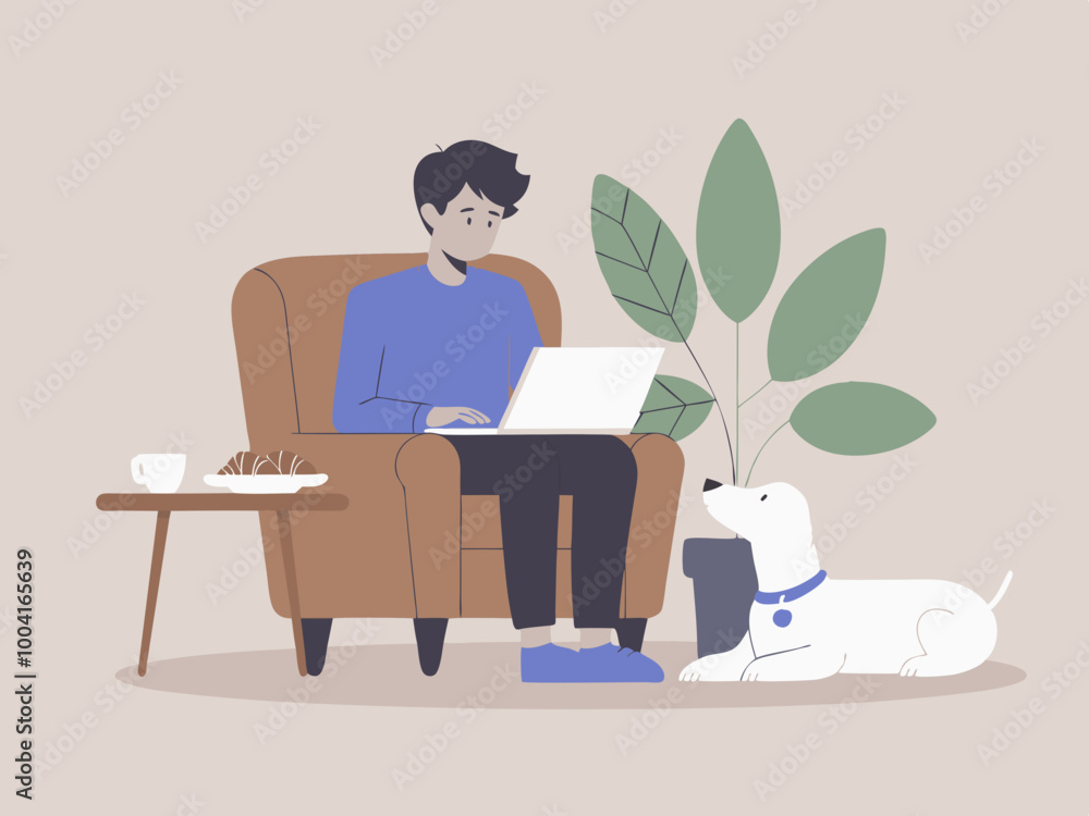 Person working on laptop with dog nearby Person working on laptop with dog nearby