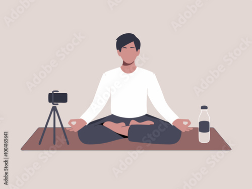 Person Meditating with Camera and Water Bottle