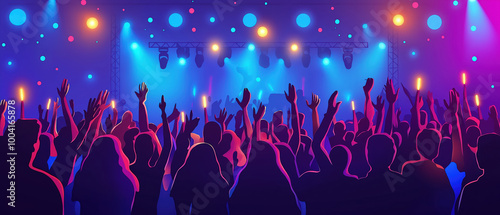 Wallpaper Mural A vibrant concert scene with a crowd raising their hands, illuminated by colorful lights against a glowing backdrop. Torontodigital.ca