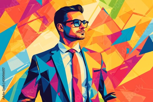 A successful businessman portrait, vector illustration, colorful geometric shapes 