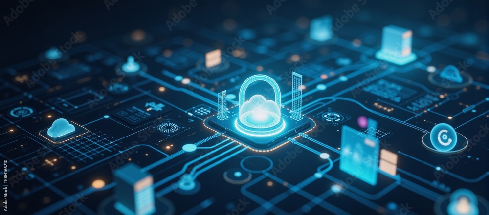 Futuristic smart city scene featuring cybersecurity AI 5G and big data analysis in a technological backdrop cloud computing Futuristic smart city scene featuring cybersecurity AI 5G and big data analysis in a technological backdrop cloud computing