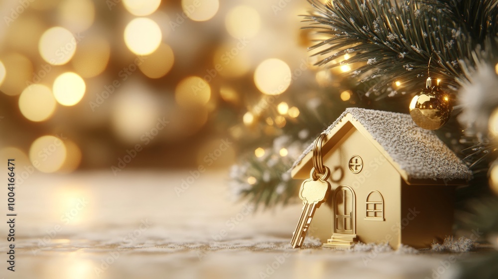 Golden House Figurine with Christmas Tree Lights on Snowy Background Golden House Figurine with Christmas Tree Lights on Snowy Background