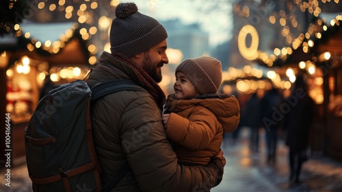 Father Child Enjoying Winter Holiday at Christmas Market with Festive Lights in Background