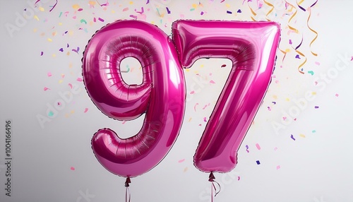 Pink birthday / anniversary balloon, number 97, white background with confetti photo