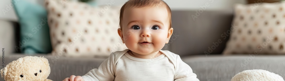 Infant baby exploring soft toys in a cozy corner of a living room, Baby play, warm environment, comfort Infant baby exploring soft toys in a cozy corner of a living room, Baby play, warm environment, comfort