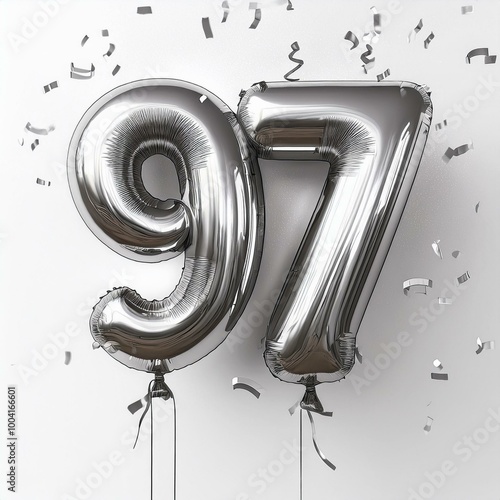 Silver birthday / anniversary balloon, number 97, white background with confetti photo