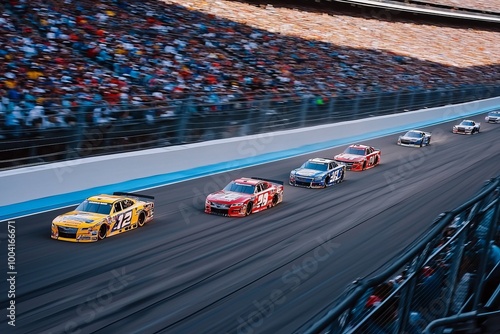 NASCAR cars racing at the historic Indianapolis Motor Speedway during the Indianapolis 400 with packed stands and iconic brick track in an aerial shot