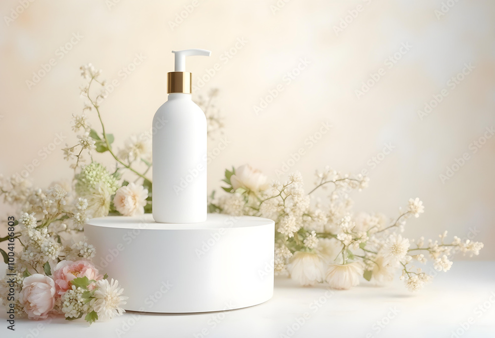 clean minimalist product display with white pump bottle surrounded by soft flowers clean minimalist product display with white pump bottle surrounded by soft flowers
