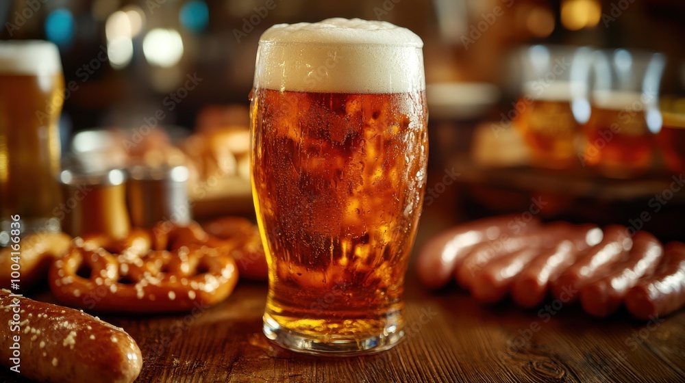 a closeup of a frothy beer in a glass stein placed on a wooden table surrounded by traditional German sausages pretzels mustard and Oktoberfest decorations captured in vibrant colors a closeup of a frothy beer in a glass stein placed on a wooden table surrounded by traditional German sausages pretzels mustard and Oktoberfest decorations captured in vibrant colors