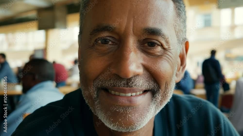 Homeless man smiling warmly in a bustling cafeteria, capturing a moment of joy amidst the crowd and daily life