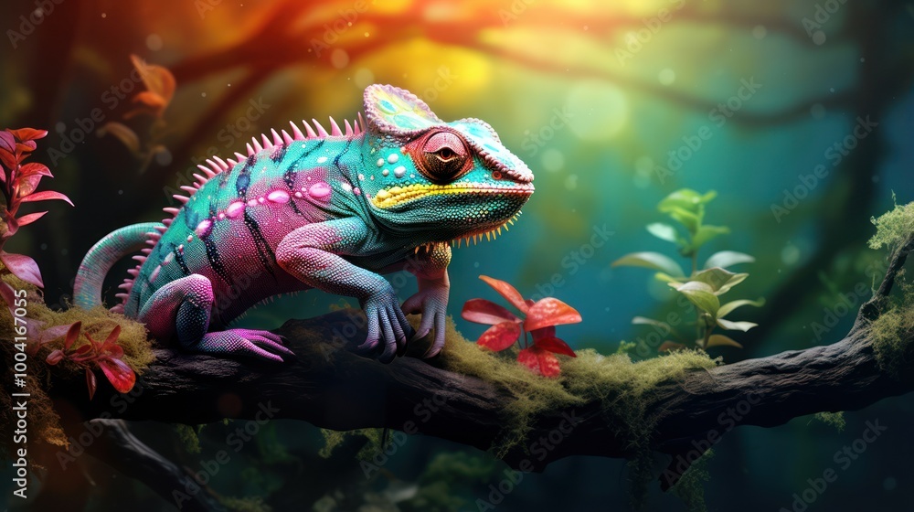 Fototapeta premium Vibrant Chameleon in Natural Habitat. Colorful Reptile on Tree Branch with Lush Forest Background