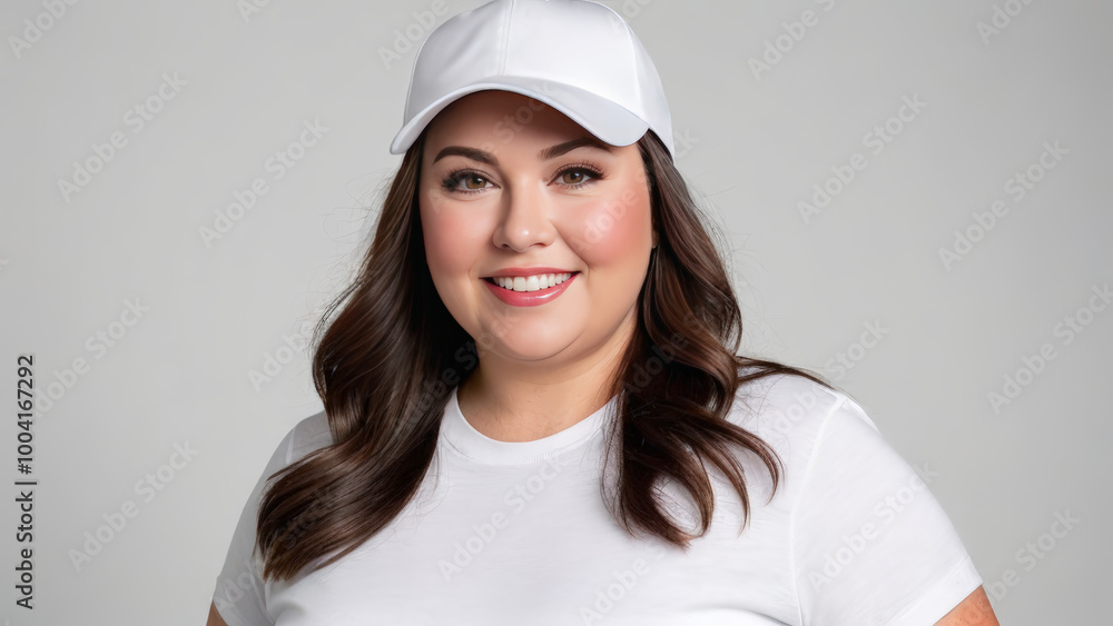 Plus size woman wearing white t-shirt and white baseball cap isolated on grey background Plus size woman wearing white t-shirt and white baseball cap isolated on grey background