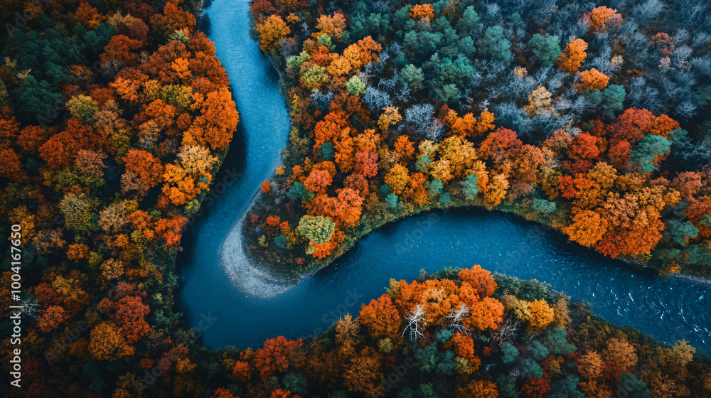 A vibrant aerial photograph of a winding river cutting through a dense forest in autumn. A vibrant aerial photograph of a winding river cutting through a dense forest in autumn.
