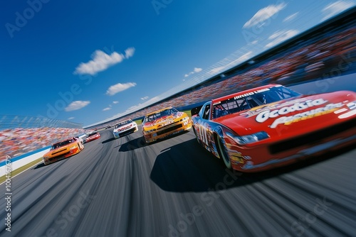NASCAR race cars speeding through Talladega Superspeedway during the Geico 500 with wide-angle aerial view and intense motion blur