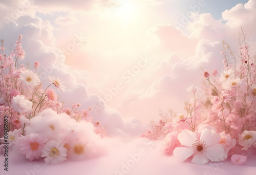 dreamy and ethereal landscape filled with soft pink flowers and clouds