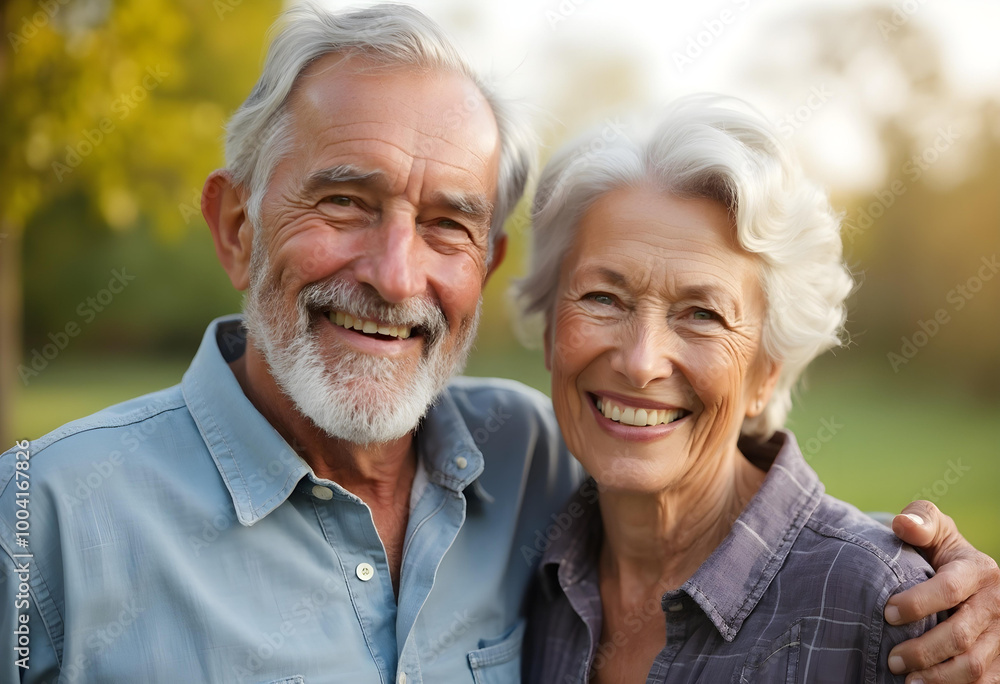Elderly couple smiling together in park, showcasing love and happiness Elderly couple smiling together in park, showcasing love and happiness