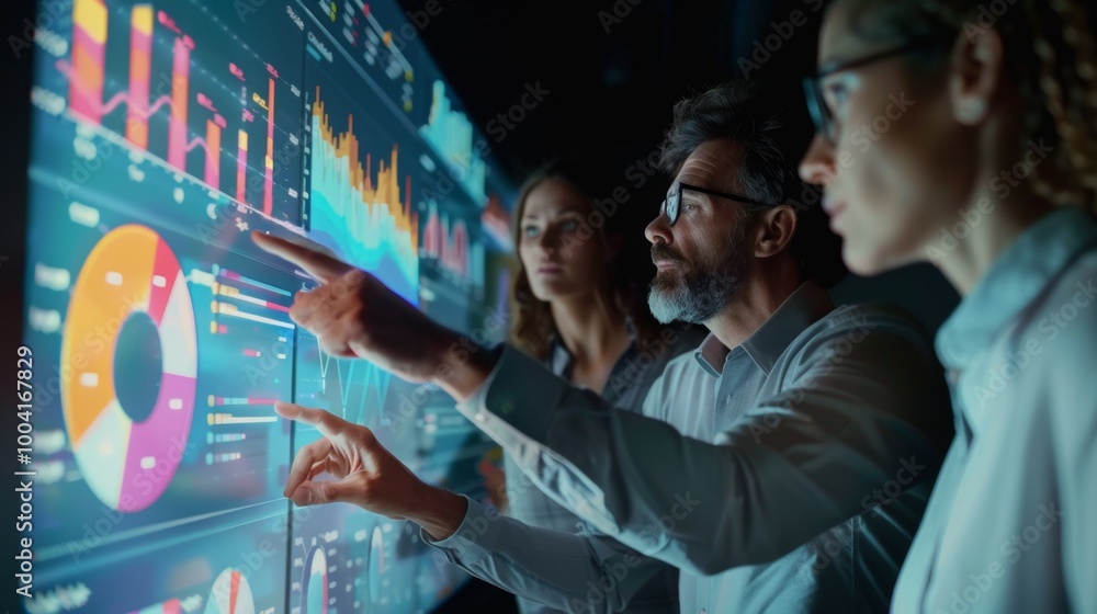 Obraz premium Diverse Team Analyzing Data on Interactive Screen