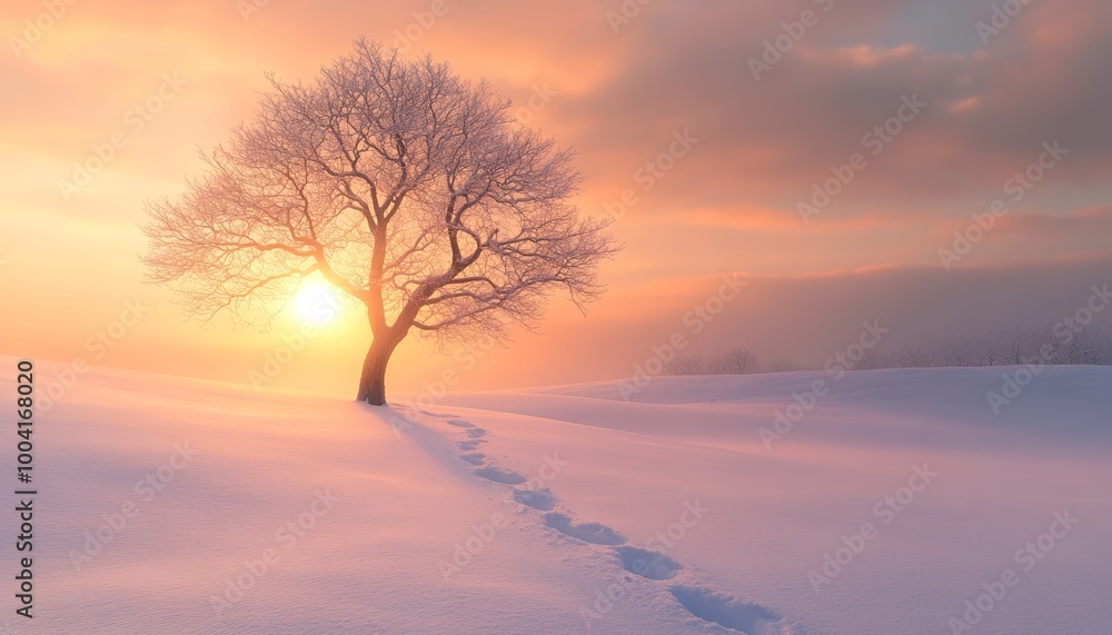 Snow-Covered Landscape with Lone Tree at Sunset Snow-Covered Landscape with Lone Tree at Sunset
