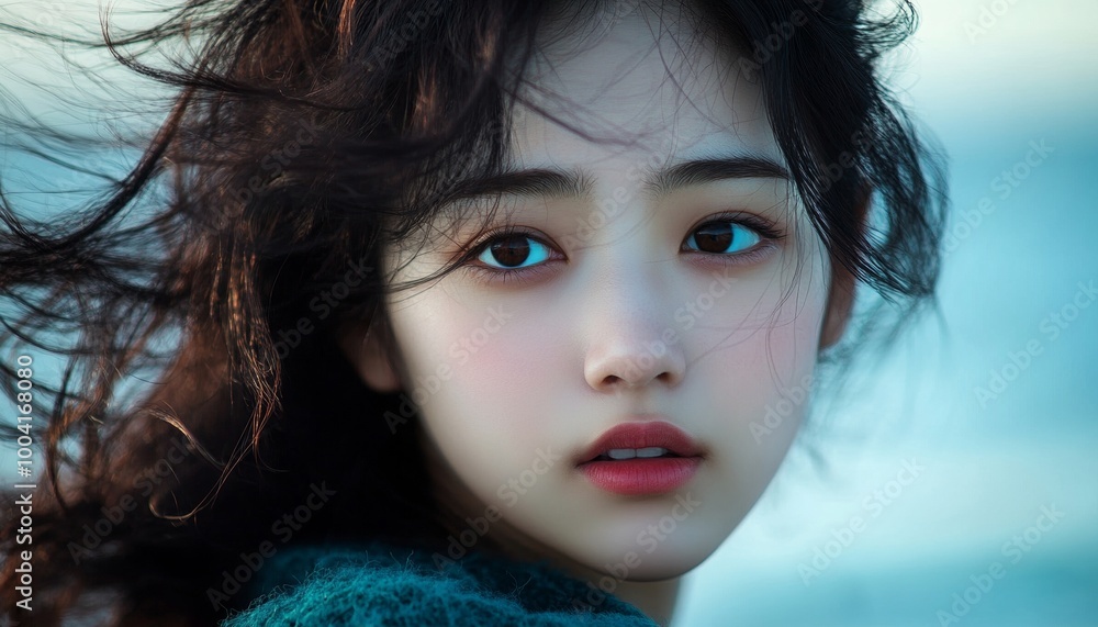 Portrait of a Sensitive Young Woman with Long Hair on Soft Blue Background Portrait of a Sensitive Young Woman with Long Hair on Soft Blue Background
