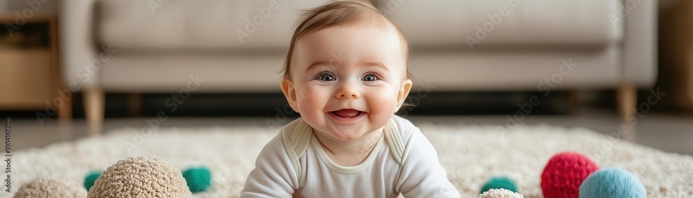 Infant baby smiling while playing on a plush rug with soft toys in a cozy living room, Baby playtime, warmth, home comfort Infant baby smiling while playing on a plush rug with soft toys in a cozy living room, Baby playtime, warmth, home comfort