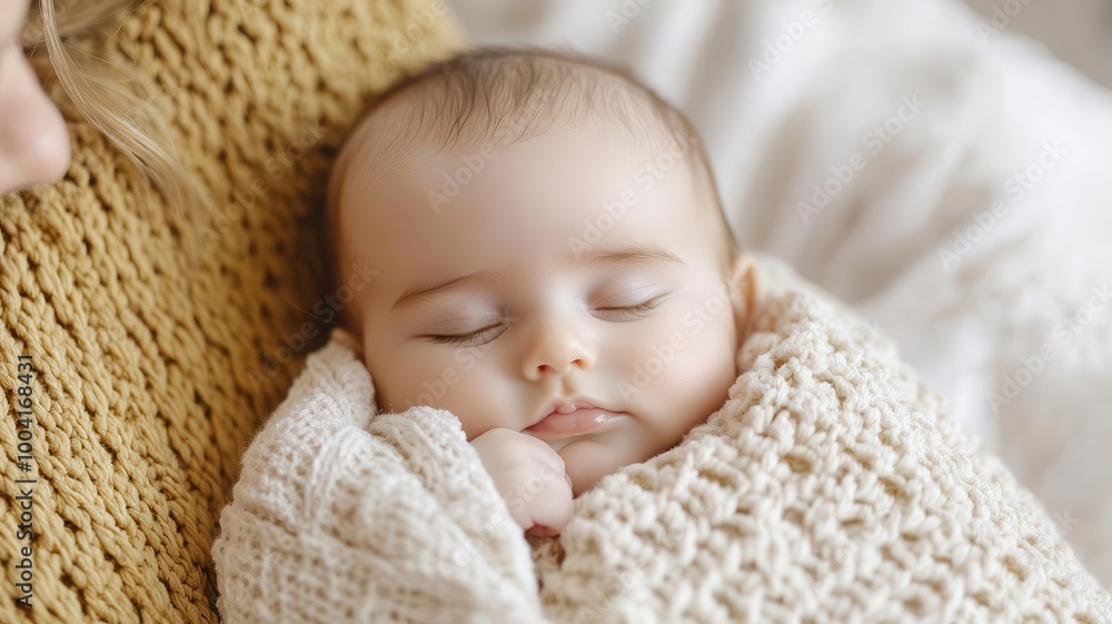 Infant baby snuggled in a cozy wrap, being rocked in a parent s arms, Baby comfort, home, warmth Infant baby snuggled in a cozy wrap, being rocked in a parent s arms, Baby comfort, home, warmth