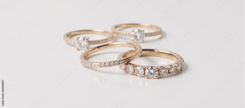 Photorealistic image featuring multiple diamond eternity rings against a white background Photorealistic image featuring multiple diamond eternity rings against a white background