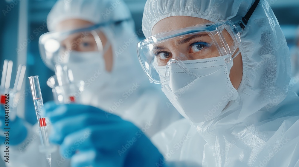 A team of researchers wearing protective gear, working on gene editing experiments in a sterile lab