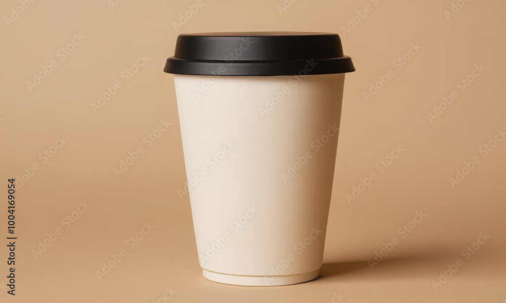 Disposable Coffee Cup with Black Lid on Beige Background Disposable Coffee Cup with Black Lid on Beige Background