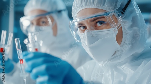 A team of researchers wearing protective gear, working on gene editing experiments in a sterile lab